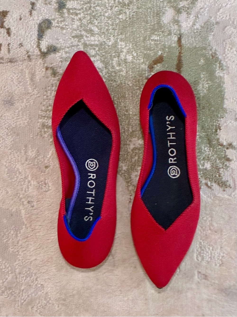 Rothy's Red Pointed Slip-On Flats with Blue Trim size 8.5 - Picture 2 of 8